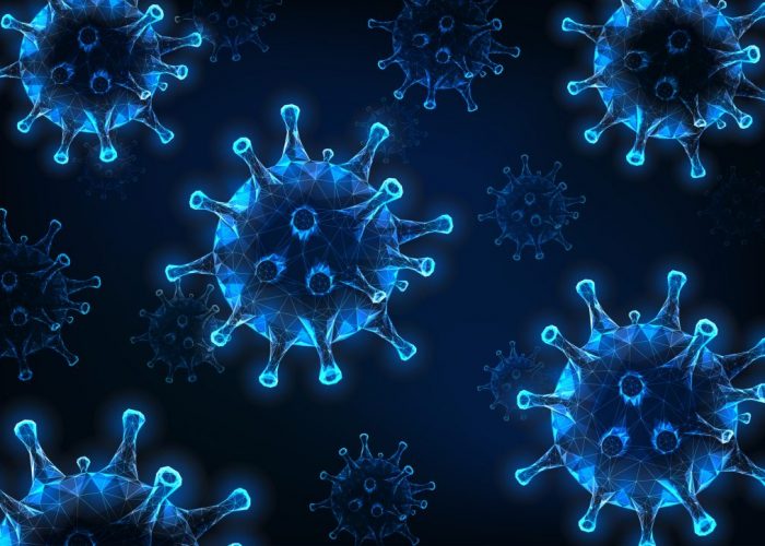 Virus cell background. Epidemic viral infection, hiv, flu virus. Futuristic glowing low polygonal wireframe design vector illustration.