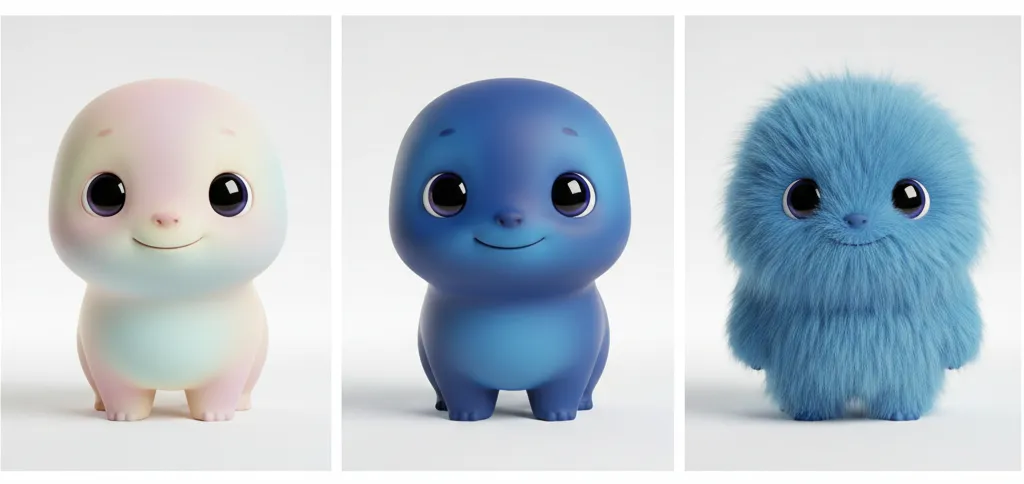 Une créature mignonne ; Une créature mignonne et bleue ; Une créature mignonne, bleue et poilue